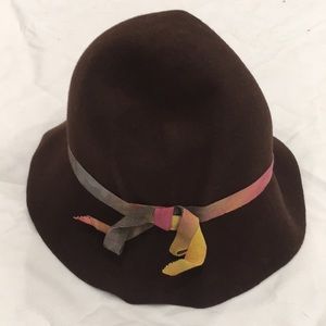 Brown wool hat with multicolored ribbon around band - made in Italy
